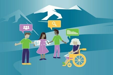 Diverse group of people coming together in front of mountain range | Health Quality Council of Alberta