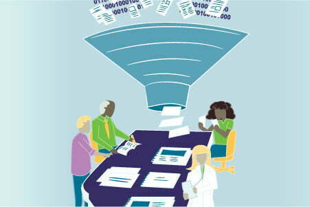 People examining documents on a table | Health Quality Council of Alberta